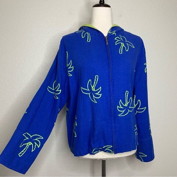 Erin London Linen Blend Vintage Blue Palm Trees Zip Up Hoodie Jacket - Picture 2 of 13